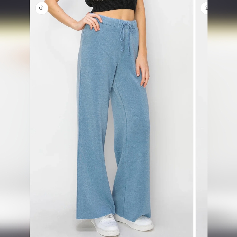 💙 Steel Blue High Waist Wide Leg Draw String Lounge Pants - Picture 2 of 4